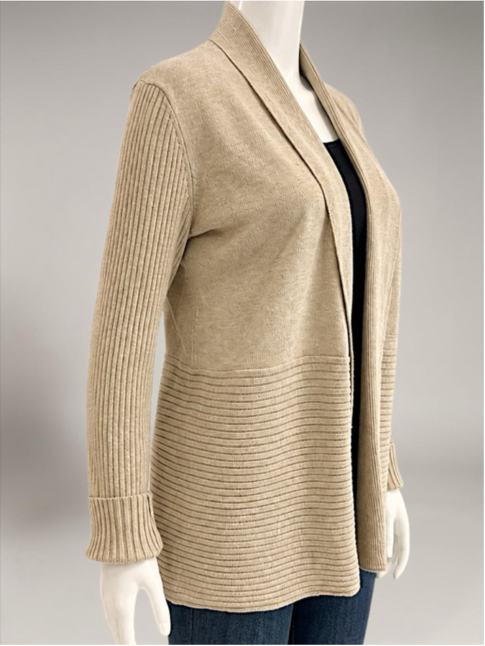 Women's Ellie Beige Ribbed Knit Open Cardigan Sweater L - Picture 3 of 7